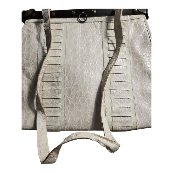 VINTAGE Croc Embossed Doctor Bag Satchel - Cream Beige Frame Handbag - Crossbody - Picture 6 of 14